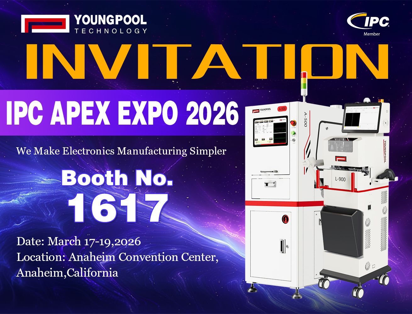 Youngpool Technology lädt Sie herzlich ein, die IPC APEX EXPO 2026 zu besuchen und mit uns die Zukunft der intelligenten Fertigung zu erkunden.